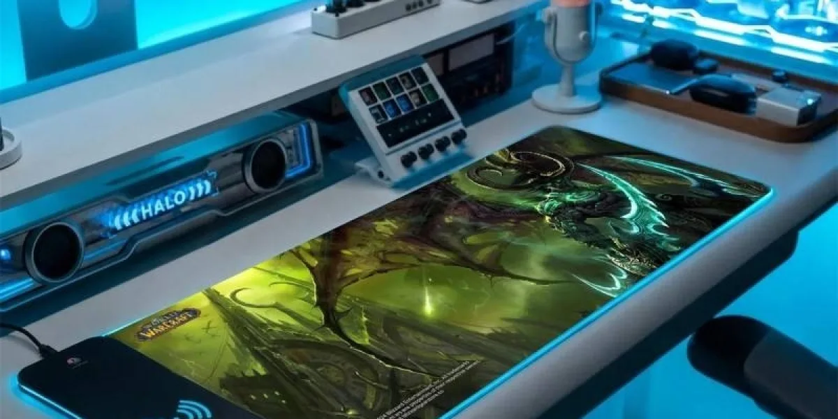 California Gaming Desk | Illidan Fel Magic RGB Wireless Charging Desk Mat | World of Warcraft Gear Store